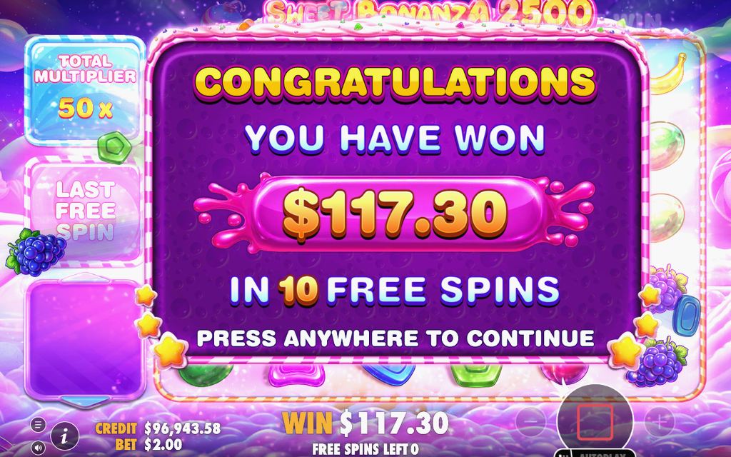 Win screen after a tumble sequence on the 6x5 grid