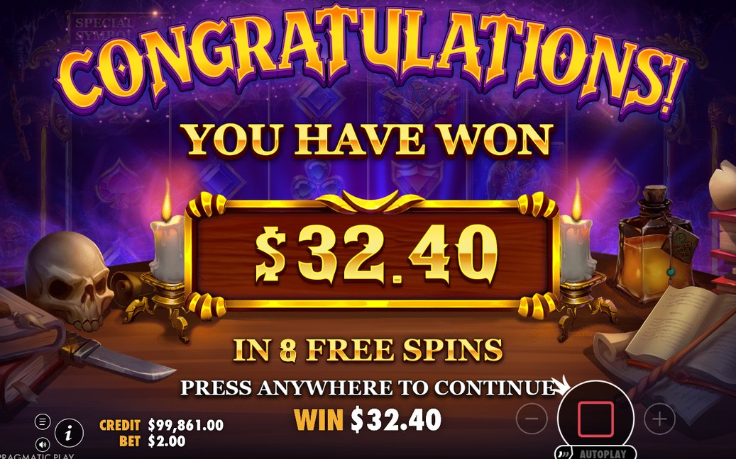 Win screen with the total paid for the round